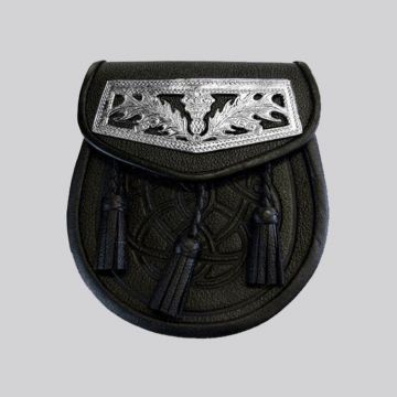 Black Celtic Embossed Thistle Plate Leather Sporran