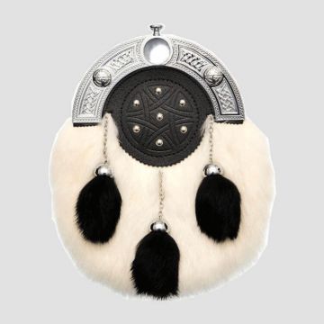 Full Dress Chrome Knot And Tage Sporran - White/Black Rabbit Fur