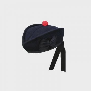 Plain Black Highland Glengarry Cap With Red Pom