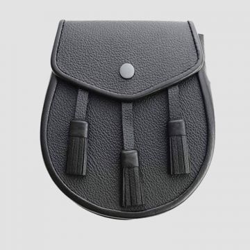 Scottish Black Three Tassel Leather Sporran For Kilt With Free Chain Belt