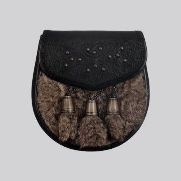 Semi Dress Sporran - Gray Rabbit Fur Studdded Emboss