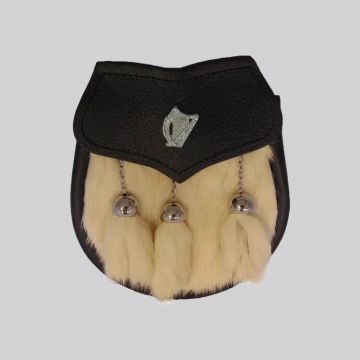 Semi Dress Sporran -  White Rabbit Fur - Harp Emblem