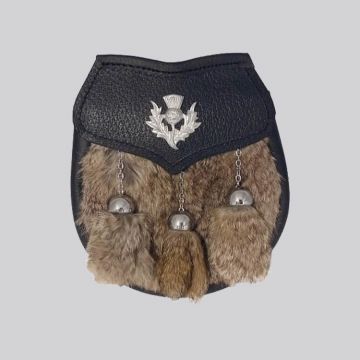 Semi Dress Sporran - Grey Rabbit Fur - Thistle Emblem